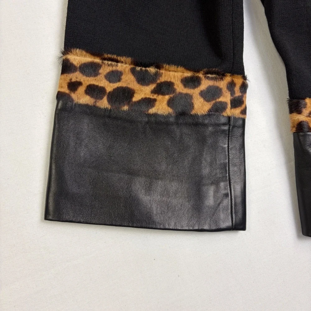 NWT St. John Collection Blazer Women 8 Black Leather Leopard Wool Silk Jacket - Picture 4 of 16
